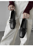 KYLETHOMASW  -  Elegant Burgundy Square Toe Loafers Women Fashion Metal Buckle Stitching Designer Shoes Comfortable Commuting Flat Office Shoes