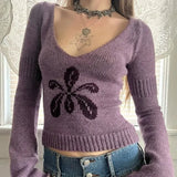 KYLETHOMASW  -  Cropped Sweater Pullover Women Embroidery Flowers V Neck Slim Stretch Long Sleeve Basic Vintage Y2k Harajuku Jumper