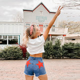 KYLETHOMASW  -  Vintage Women Contrast Five-point Star Patchwork Denim Flared Pants Baggy Dragging Jeans Trousers Chic Elegant Casual Short Pant