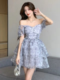 KYLETHOMASW  -  Korean Sweet Lace-up Mini Dress Elegant Print Puff Sleeve Ball Gown Birthday Party Short Dresses Summer Spring Princess Vestidos