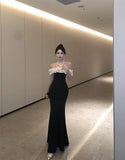 KYLETHOMASW  -  French Fashion Sexy Elegant Evening Gown Women's Halter Neck Sequin Tulle Patchwork Velvet Dress Chic Banquet Party Gown