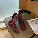KYLETHOMASW  -  Woman Summer Ankle Boots Burgundy Mesh Flat Shoes Porosity Round Toe Low Heels Ladies Shoes White Flats Size 43 Botas Feminino