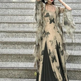 KYLETHOMASW  -  Retro Butterfly Print Patchwork Camisole Dress for Women+ Thin Long Sleeve Loose Cardigan 2025 Summer New Two Piece Sets