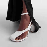 KYLETHOMASW  -  Women's Leather Sandals Square Toe Ankle Strap Chunky Heel Elegant Party Evening Shoes Fashionable Summer Footwear