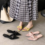 KYLETHOMASW  -  Shoes Woman 2025 Pointed Toe Slippers Summer Rivet Luxury Slides On A Wedge Low Flock Designer Rome Hoof Heels Fabric Rubber Fas