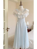 KYLETHOMASW  -  Japanese Kawaii Princess Chiffon Off Shoulder Ruffles Lace Light Blue Midi Dress Women Girls Bow Tie Waist Daily Tea Party Wear
