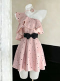 KYLETHOMASW  -  Summer Pink French Vintage Elegant Woman Dress Irregular Bow High Waist Puffy Mini Dress Female Chic Korean Pupolar Clothes