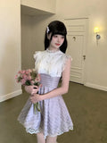 KYLETHOMASW  -  Womens Sweet Plaid Lace Trim Dress With Ruffle Collar And Waist Cinched Design