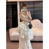 KYLETHOMASW  -     Summer White Sexy Strap Slip Maxi Dress Flower Backless Printed Lotus Leaf Edge French Light Luxury Evening Dresses for Women