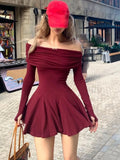 KYLETHOMASW  -  Sexy Slash Neck Short Dresses for Women Long Sleeves Slim Ruffles A-line Evening Party Dress Korean Chic Mini Vestidos Mujer New