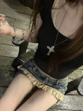KYLETHOMASW  -  Fashion Street Lace Patchwork Denim Skirt for Women Vintage Hole Washed Low-waist Skirts 2025 Summer New Blue Faldas De Mujer