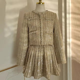 KYLETHOMASW  -  Small Fragrance Autumn Winter Beading Tweed Pearls Short Jacket Coat + Mini Pleated Skirt Suit Two Piece Sets Womens Outifits