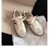 KYLETHOMASW  -  Women Genuine Leather Sneakers Round Toe Flats Mixed Colors Sewing Ladies Fashion Lace-up Shoes Spring Autumn Grey White new
