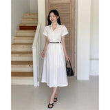 Kylethomasw Elegant White Midi Dress Women with Belt Fashion Short Sleeve Shirts Dresses Summer Korean Aesthetic Single Breasted Vestidos