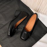 KYLETHOMASW  -  Retro Square toe folding Bowknot Soft Leather Women Pumps Ballet Style Thick High heels Casual Chunky Loafer Shoes