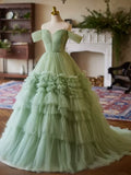 Kylethomasw Green Ball Gown Prom Dresses High Waist Layers Tulle Fancy Evening Dresses Party Dancing Gowns