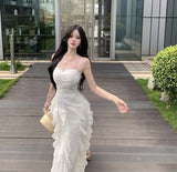 KYLETHOMASW  -  Korean Sweet Fairycore Long Dresses for Women Elegant Spaghetti Strap Ruffles Princess Party Dress Summer Slim Waist Vestidos