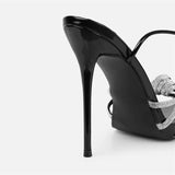KYLETHOMASW  -  Summer Black High Heels Sandals Women Fashion Peep Toe Crystal Narrow Band Stiletto Pumps Ankle Lace Up Party Dress Shoes