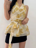 KYLETHOMASW  -  2025 Korean Floral Print Neck Hanging Chiffon Floral Shirt Women Summer New Retro Western-style Cross Tie Vest Top