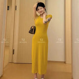 KYLETHOMASW  -  Summer Casual Cotton Midi Dress Women Elegant Solid Color Round Neck Slim Bodycon Dresses Korean High Street Vestidos ﻿270A