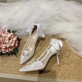 KYLETHOMASW  -  White Heels French Dress Wedding Shoes Lace Bridesmaid Shoes White Pointed High Heels Women's Stiletto Design Bridal Shoes