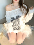 Kylethomasw White Butterfly Print Sweater Women Bow Graphic Long Sleeve Pullover Hollow Out Off Shoulder Knitwear Sexy Autumn Winter