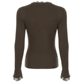 KYLETHOMASW  -  American style basic lace half open collar button chest revealing base top brown ribbed simple slim fit versatile T-shirt