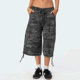 KYLETHOMASW  -  American Retro Cargo Denim Shorts Vintage Camouflage Print Loose Drawstring Short Pants Y2k Aesthetic Cyber Grunge Streetwear