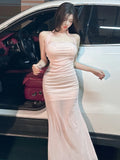 KYLETHOMASW  -  Women Dresses Sleeveless Mesh Patchwork Backless Slim Elegant Ruched Halter Temperament Party Mermaid Dress Female