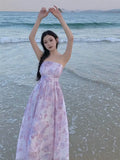 KYLETHOMASW  -  Women Summer Floral Print Sexy Off Shoulder Backless Elegant Party Dresses High Waist Lace-up Sleeveless Slim Beach Maxi Dress