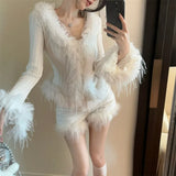 KYLETHOMASW  -    Sweet Hot Girl Pure Sexy V-neck Splicing Wooly Sweater Top women's Autumn and Winter Long-sleeved Slim Cardigan Female Clothes