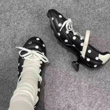 KYLETHOMASW  -  Novelty Polka Dot Sports Ballet Shoes Woman Fashion Strange Heel Design Round Toe Mary Jane Shoe Cross Lace Up Casual High Heels