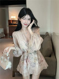 KYLETHOMASW  -  Beautiful Long-sleeved Floral Chiffon V-neck Shirt Dress for Women to Slim Down the Waist