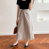 KYLETHOMASW  -  Korean Women Fashion Skirt Design Twist Linen Casual Summer New High Waist Slimming A-line Solid Long Skirts