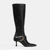 KYLETHOMASW  -  Fashion Style New Women Knee Stilettos Boots Sexy Boots Pointed Toe Party Shoes Ankle Big Buckle Strap Zipper Party