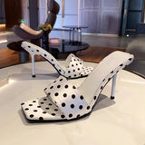 KYLETHOMASW  -  Summer Women Satin Polka Dot Slippers Sexy Square Toe Thin High Heel Dress Shoes Elegant Banquet Stripper Party Slides Shoes