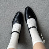 KYLETHOMASW  -  Women Shallow Mouthed Mary Jane Shoes Thick Heel with A Single Button Women Leather Shoes Metal Decorative Leisure Flat Shoes
