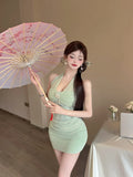 KYLETHOMASW  -  Sexy Halter Patchwork Lace Mini Dress Women 2025 Summer Sleeveless High Waist Folds Slim Fit Hip Evening Party Dresses