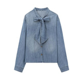 KYLETHOMASW  -  Minimalist Women's Blouse Bow Denim Shirt Fashionable And Elegant Casual Commuting Long Sleeved Shirt Pull Tops
