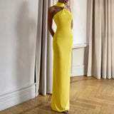 KYLETHOMASW  -  Sexy Off Shoulder Solid Color Temperament Evening Dress High-end Sleeveless Dress Hot Women Fashion Sleeveless Halter Long Dress