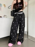 KYLETHOMASW  -  Y2k Coquette Bow Embroidery Wide Leg Pants Women Korean Style Kawaii Sweet Lace Patchwork High Waist Loose Pants Y2k