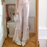 KYLETHOMASW  -  Pink Sweet Lolita Pants Women Vintage Kawaii Bow Lace Ruffles Flared Pants Evening Party Retro Elegant Casual Fairy Trousers Y2k