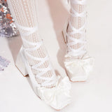 KYLETHOMASW  -  Sweet Cross Strap Ballet Style High Heels Women Spring Autumn Women Shoes Elegant Square Toe Satin Lolita Pumps Single Shoes