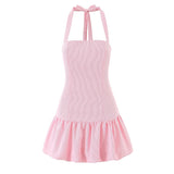 KYLETHOMASW  -  Beautiful Girl Striped Halter Dress Sexy Backless Low Waist A-line Mini Summer Dresses Party Women Robe