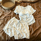 KYLETHOMASW  -  Pajama Set Solid Lace Trim Top Cute Rabbit Print Shorts Ladies Home Clothes Sleepwear Loungewear Summer New Sweet Cute Nightwear
