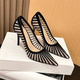 KYLETHOMASW  -  Fashion Mesh Women's Pumps New Pointed Toe Stiletto Slip-on Stripe Totem Female Sandals Classics Shallow Summer Ladies Shoes