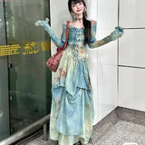 KYLETHOMASW  -  Elegant Vintage Tie Dye Slim Fit Fungus Long Sleeve Tops Women+ Y2k High Waist Ruched Skirts 2025 Summer New Two Piece Sets