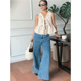 KYLETHOMASW  -  Women's Tie Front Blouse V Neck Sleeveless Shirt Eyelet Embroidery Ruffle Peplum Tops