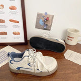 KYLETHOMASW  -  Korean Style Women Mesh Panel Skate Shoes Off White Navy Blue StitchingVintage Rubber Outsole Double Laces Daily Casual Sneakers