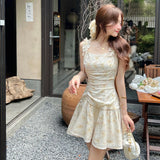 KYLETHOMASW  -  French Romantic Yellow Fragmented Flower Short Dress Summer New Sweet Girl Sleeveless Slim Fit A-line Suspended Dress for Women